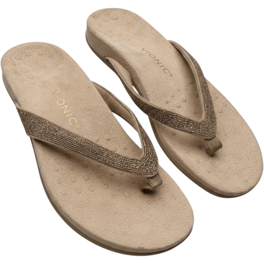 Vionic Dillon Shine Tan Rhinestone Orthotic Flip Flop Sandals Womens 9 - Picture 2 of 7